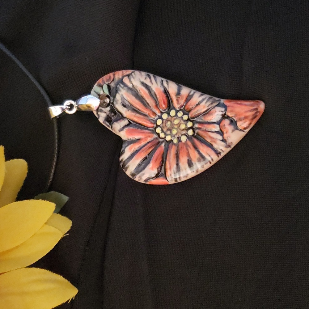 Artist-made clay pendant heart with flower design, unique